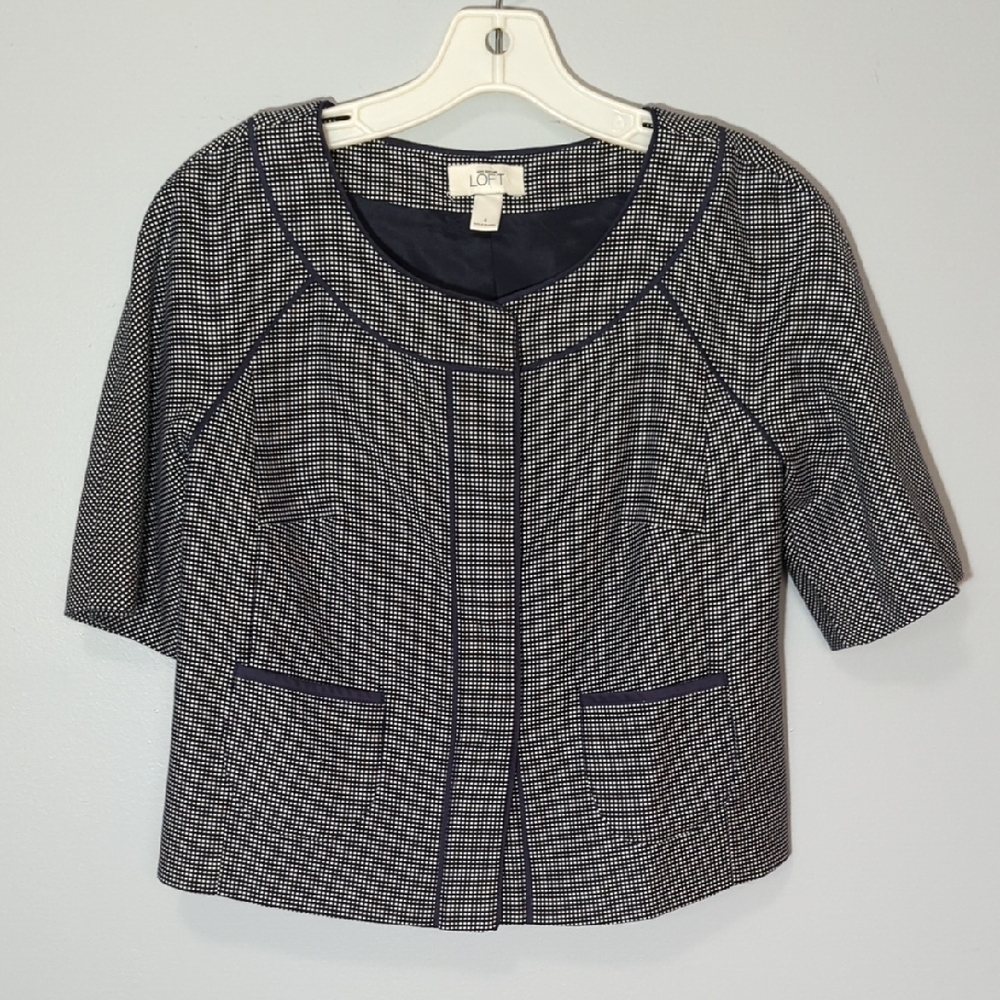 LOFT Navy and White Checked Short Sleeve Blazer Size 4